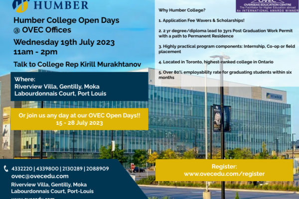 OVEC Open Days – Special Application Fee Waiver Sessions and talk to Uni Reps – St Lawrence College, Humber, UPEI & More!