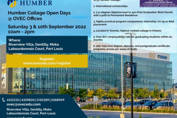 Humber College, Toronto, Canada, OPEN DAYS & APPLICATION FEE WAIVER @ OVEC Moka & Port Louis – Saturday 3rd & 10th September 2022