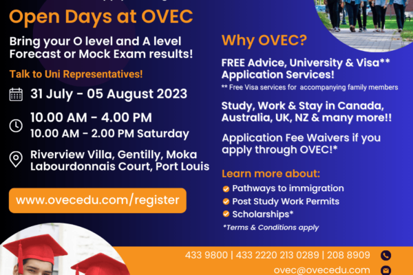 OVEC Open Days: 31 July – 5 August 2023! Got your A level Mock results? Apply NOW for 2024 intakes – seats are running out!