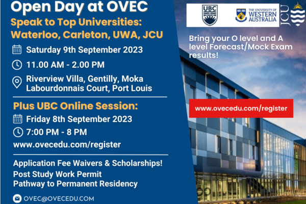 OVEC Open Day: 9 September 2023 – Meet with U of Waterloo, UBC, Carleton, UWA and JCU. Apply NOW for 2024 intakes!