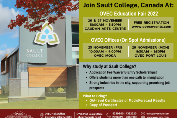 Sault College On the Spot Admissions at OVEC Education Fair Nov 2022 & OVEC Offices – Application Fee Waivers!
