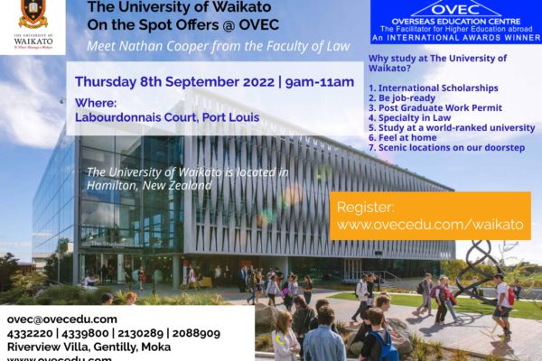 University of Waikato On the Spot Admission @ OVEC Port Louis – Thursday 8th September 2022