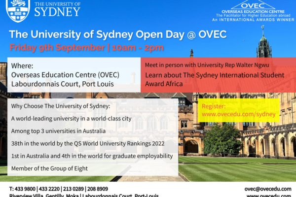 The University of Sydney, Australia, OPEN DAY @ OVEC Port Louis – Friday 9th September 2022