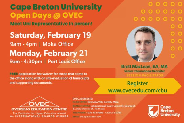 Cape Breton University, Canada – Open Days @ OVEC 19th & 21st February 2022! Application fee waiver!
