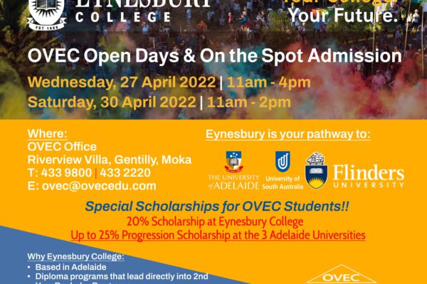 Eynesbury College/Navitas, Australia: Open Days @ OVEC 27th & 30th April 2022 – Special OVEC Scholarships!