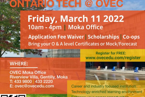 Ontario Tech, Canada: Open Day @ OVEC Friday 11th March 2022 – Application Fee Waiver!